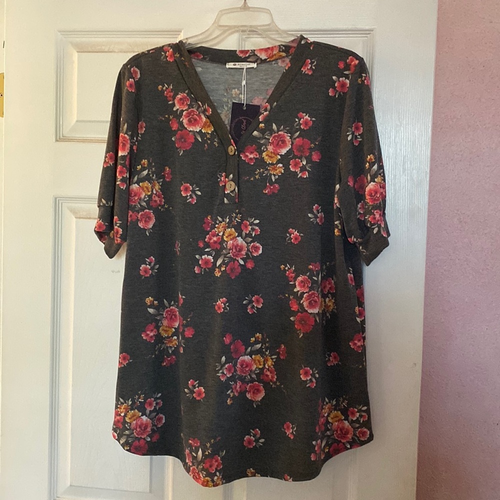 Charcoal Floral Blouse with Button Detail - BRAND NEW / NEVER WORN